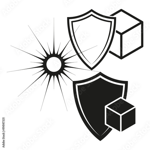 Security icons set. Shields, cube, and starburst. Black and white. Vector illustration.