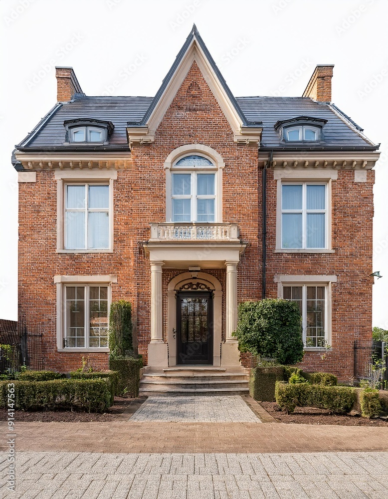 Front view of a luxury brickwall house isolated on a white background Front view of a luxury brickwall house isolated on a white background