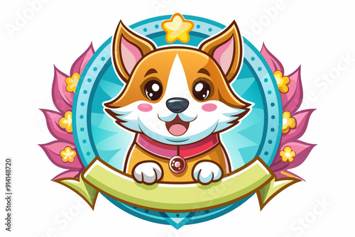 Cartoon Dog with Flowers and Banner in a Circular Frame