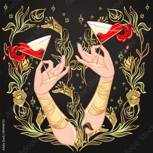 Two female hands holding cocktail glass with splash. Art deco 1920s style vintage invitation template design for drink list, bar menu, glamour event, cabaret show thematic wedding, jazz party flyer