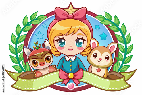 Cartoon Girl with Two Animal Companions in a Circular Frame