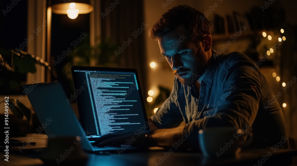 A software developer working late at night on a laptop, with the screen displaying lines of code A software developer working late at night on a laptop, with the screen displaying lines of code