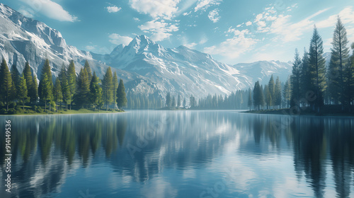 静かな落ち着いた自然の背景_木_湖_山_青空 Quiet calm nature background_tree_lake_mountain_blue sky