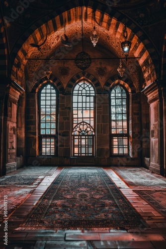 An ornate rug in a stone chamber with arched windows