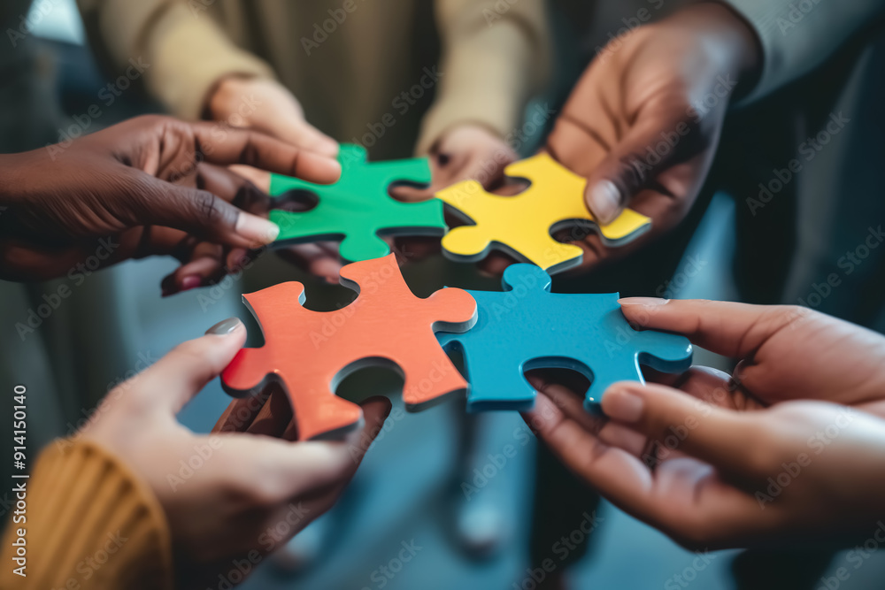 A group of diverse hands holding colorful puzzle pieces that fit together perfectly, symbolizing the idea that each person's unique qualities can contribute to an overall whole or team success A group of diverse hands holding colorful puzzle pieces that fit together perfectly, symbolizing the idea that each person's unique qualities can contribute to an overall whole or team success