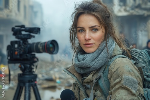war correspondent in action female journalist with microphone flak jacket intense facial expression bombedout cityscape backdrop smoke rising camera crew breaking news atmosphere
