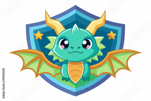 Cartoon Green Dragon with Wings Inside a Blue Shield