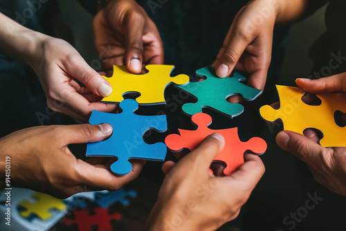 A group of diverse hands holding colorful puzzle pieces that fit together perfectly, symbolizing the idea that each person's unique qualities can contribute to an overall whole or team success