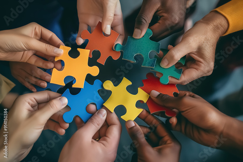 A group of diverse hands holding colorful puzzle pieces that fit together perfectly, symbolizing the idea that each person's unique qualities can contribute to an overall whole or team success