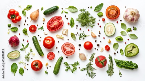 Colorful variety of fresh vegetables, herbs, and spices on a white background, perfect for healthy cooking themes.