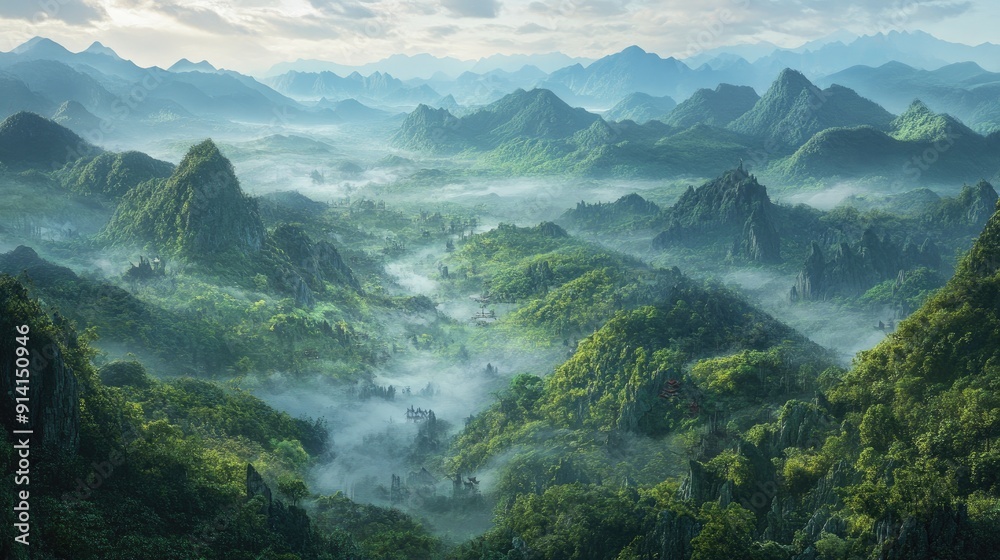 Expansive green Asian landscape with mist-covered forests and distant mountains, offering a breathtaking panoramic view. Expansive green Asian landscape with mist-covered forests and distant mountains, offering a breathtaking panoramic view.