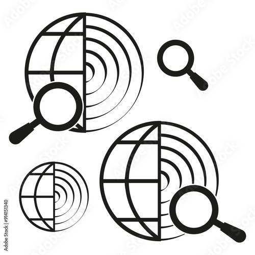 Globe search icons. Magnifying glass symbols. Black and white. Vector graphic.