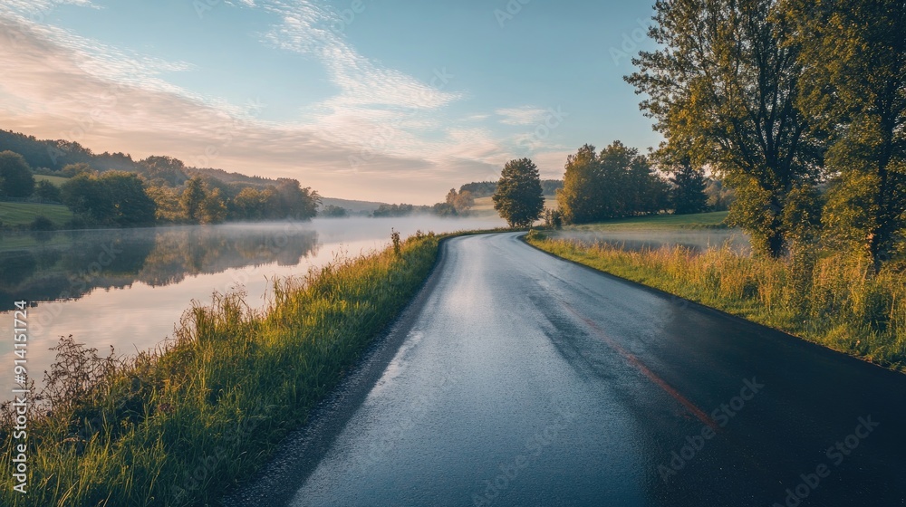 Fototapeta premium A peaceful road along a calm river, with reflections and a serene atmosphere, perfect for a tranquil message.