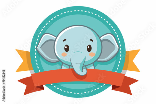 Cute Cartoon Elephant with Ribbon in Circle Frame