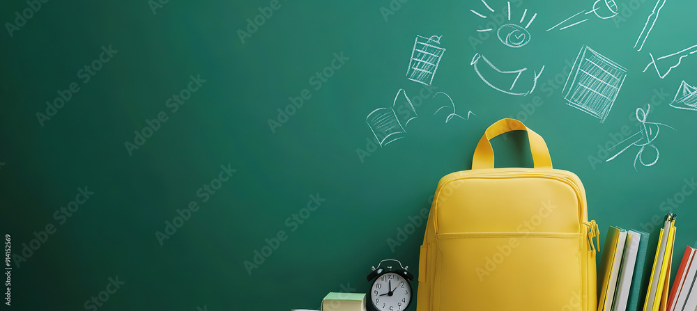 Educational Still Life with Yellow Backpack, Books, and Alarm Clock on Green Background