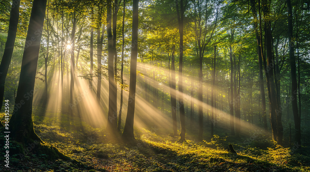 Naklejka premium A peaceful forest scene with sun rays shining through the trees, creating a serene and tranquil atmosphere. Suitable for nature-related content and environmental themes.