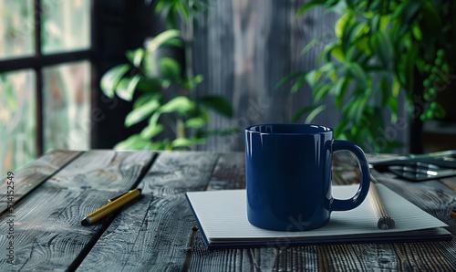 A simple dark wood desk with a cobalt blue mug and a notebook and Ficus is ideal for mockups, Generative AI.