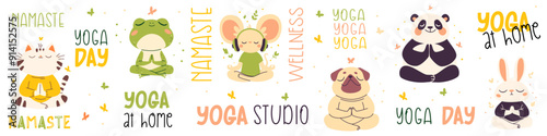 Vector collection of animals in lotus pose. Pug, panda, rabbit, mouse, cat and frog in lotus pose meditating, yoga lettering. Vector illustration