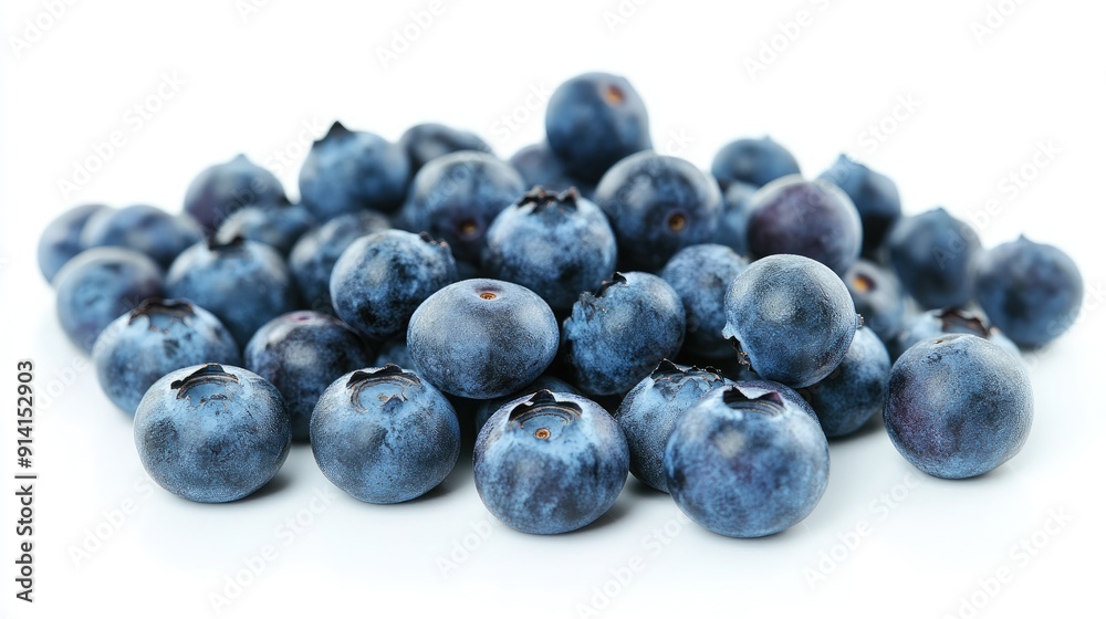 A pile of fresh blueberries, small and vibrant, scattered on a white background. A pile of fresh blueberries, small and vibrant, scattered on a white background.