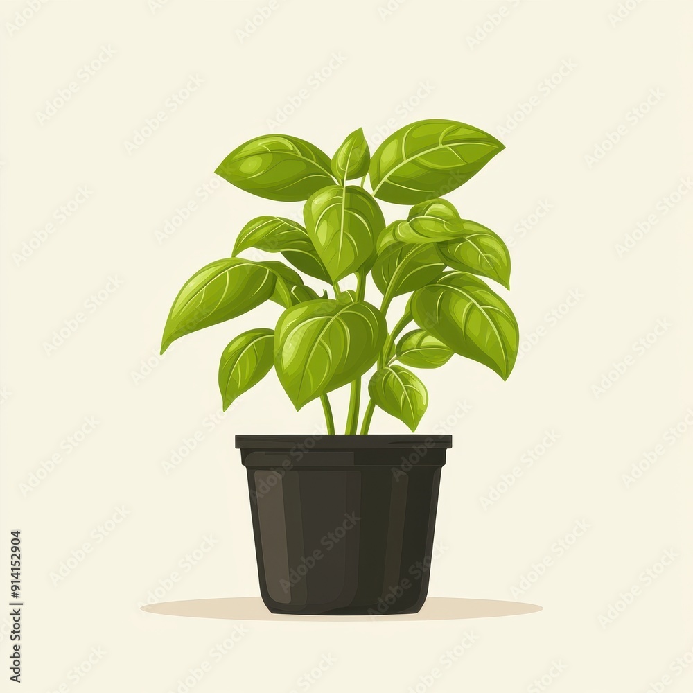 Green Basil Plant in a Black Pot.