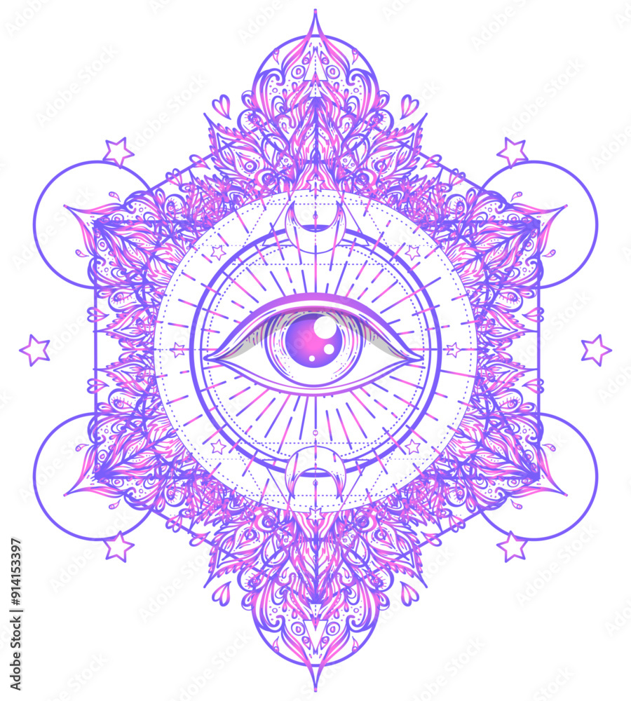 Sacred geometry symbol with all seeing eye over in acid colors. Mystic ...