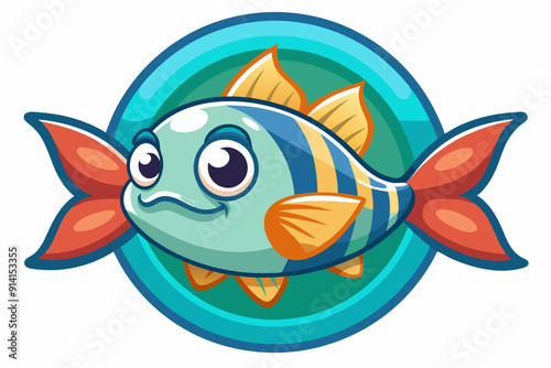 Cartoon Fish with Orange and Yellow Fins in a Blue Circle