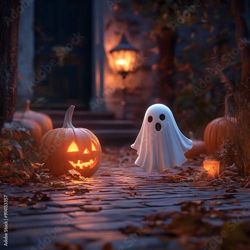 Foto von schaurigen Kürbissen und einem Gespenst zu Halloween