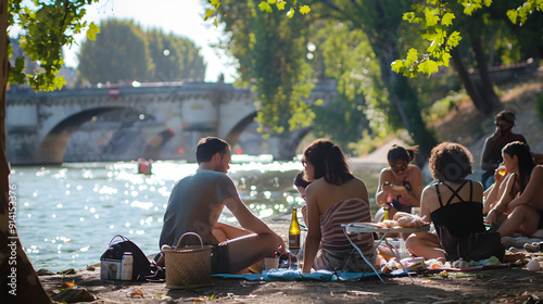 A group of friends laughing and sharing food by the Seine River on a sunny day.
