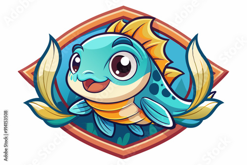 Cartoon Illustration of a Blue Fish with a Yellow Fin in a Decorative Frame