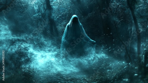 A ghost floating through a dark forest background