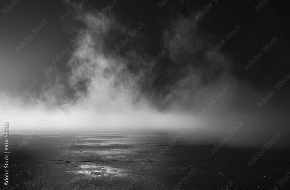 Black background with haze and fog on black cracked ground, dark sky Black background with haze and fog on black cracked ground, dark sky