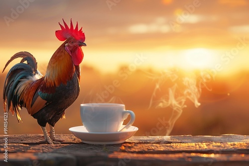A rooster crowing at sunrise with a cup of coffee promoting a new organic coffee blend