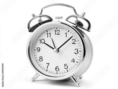 A silver alarm clock on a white background