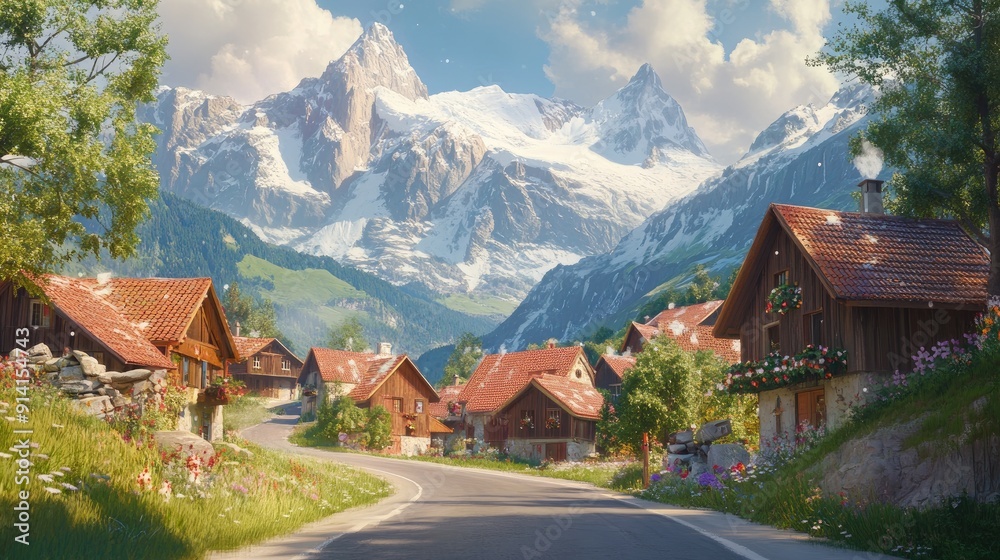 A road through a picturesque Swiss village, with charming chalets and snow-capped mountains, offering space for a holiday message. A road through a picturesque Swiss village, with charming chalets and snow-capped mountains, offering space for a holiday message.
