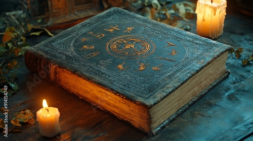 A witchs grimoire with ancient symbols on a candle-lit background