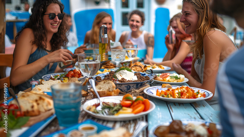 Group of friends at Greek taverna, enjoying meze and ouzo, in San 00324 0. Cheers!