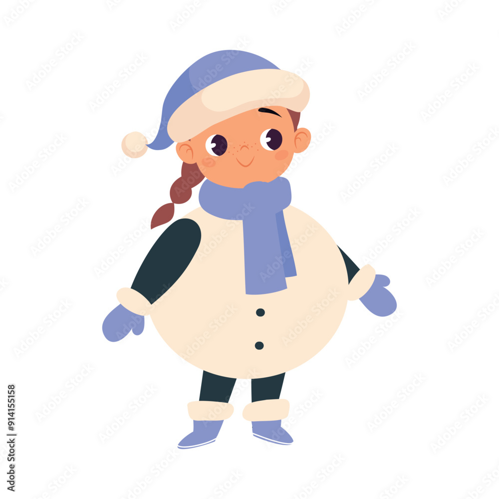 Girl Character in Snowman Costume Celebrate Christmas Holiday at Winter Vector Illustration Girl Character in Snowman Costume Celebrate Christmas Holiday at Winter Vector Illustration
