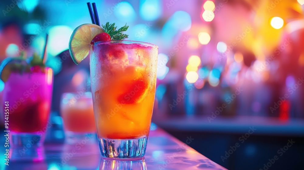 Brightly colored cocktails on a nightclub bar with vibrant lighting and a lively atmosphere, perfect for nightlife scenes. Brightly colored cocktails on a nightclub bar with vibrant lighting and a lively atmosphere, perfect for nightlife scenes.