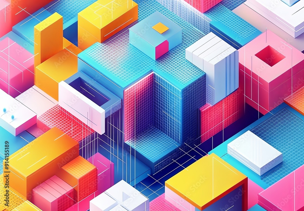 A vibrant 3D isometric grid featuring a variety of shapes and colors, creating a visually striking geometric pattern A vibrant 3D isometric grid featuring a variety of shapes and colors, creating a visually striking geometric pattern