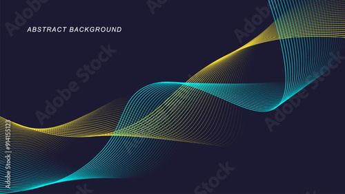 Abstract dynamic lines on dark background. Modern yellow and blue flowing wave lines. Futuristic technology concept. Vector illustration