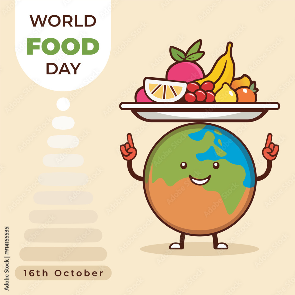 Fototapeta premium World Food Day On October 16 Background Design. Cartoon Earth with Food Plate Vector Design for World Food Day.