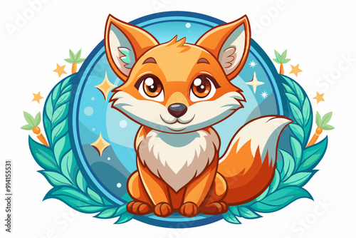 Cute Cartoon Fox with Blue Background and Green Leaves