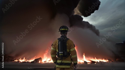 Brave firefighter stands ready as flames engulf the area, working tirelessly to contain the raging fire, global warming photo