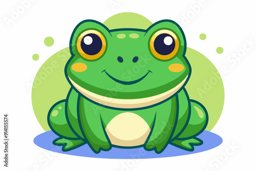 Cartoon Green Frog Sitting with Big Eyes and Smiling