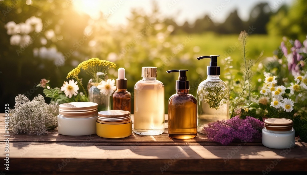 Natural cosmetics arranged on a rustic wooden table amidst blooming garden flowers and fresh nature.