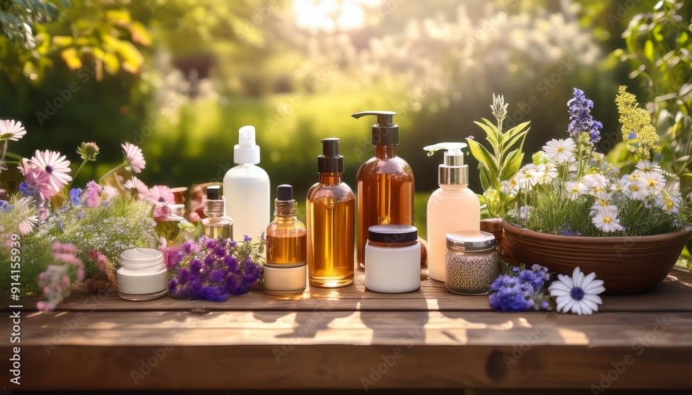 Natural cosmetics arranged on a rustic wooden table amidst blooming garden flowers and fresh nature. Natural cosmetics arranged on a rustic wooden table amidst blooming garden flowers and fresh nature.