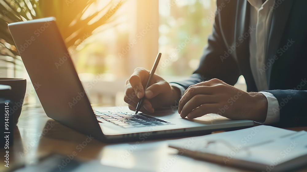 Obraz premium A business professional attending an online course, taking notes, and engaging with the instructor on a laptop 