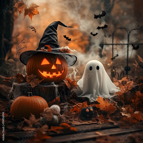 Foto von schaurigen Kürbissen und einem Gespenst zu Halloween