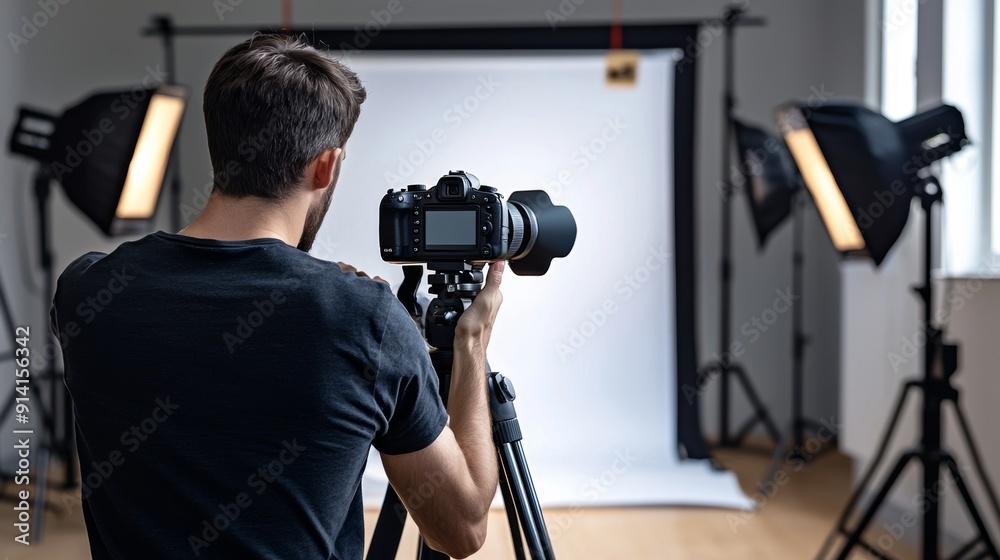 Photographer Adjusting Camera in Studio with Lighting Setup Photographer Adjusting Camera in Studio with Lighting Setup