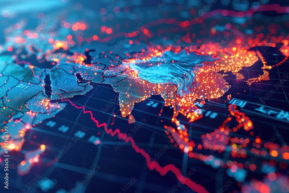 Fototapeta premium Global Network Map with Asian Lights
